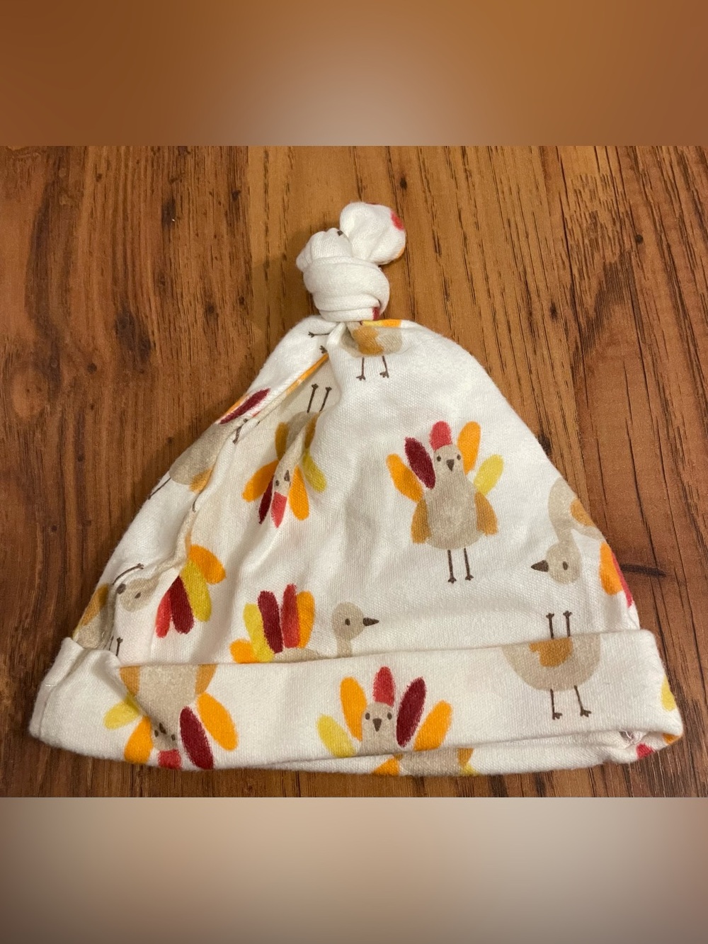 chic pea White Baby Knot Hat with Multicolor Turkey Print thanksgiving